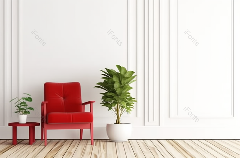 欧式装修风格家居白色墙面红色扶手椅小桌子绿植盆栽木地板图像摄影,高清,摄影图,摄影图片,图片大全,摄影图免费下载